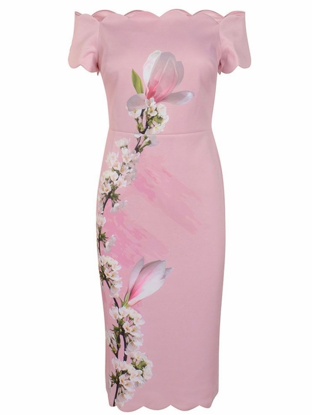Ted Baker Pink Scallop Off-Shoulder Floral Midi Dress